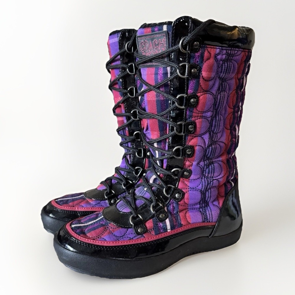 VTG COACH Peggy Shearling Lined Plaid Quilted Logo Lace Up Snow Boots Sz 6.5 Y2K